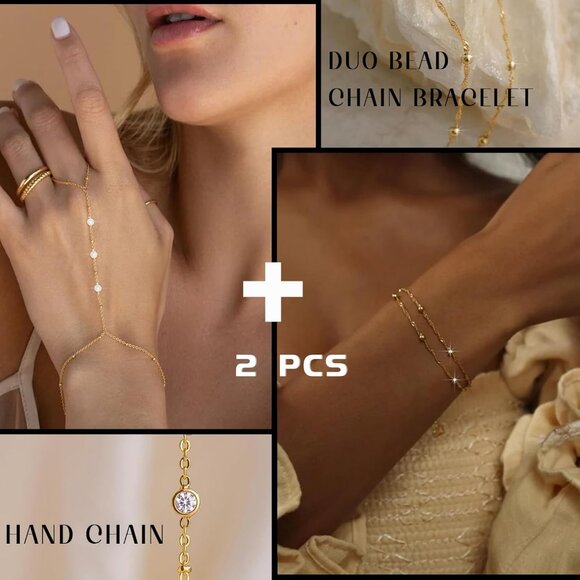 Hand Chain Bracelet Ring Hand Chain 2 PCS 14K Dainty Finger Jewelry - Picture 2 of 9